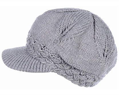 BYOS Womens Winter Chic Cable Warm Fleece Lined Crochet Knit Hat W/Visor Newsboy Cabbie Cap - color: Braided Front Lt.gray