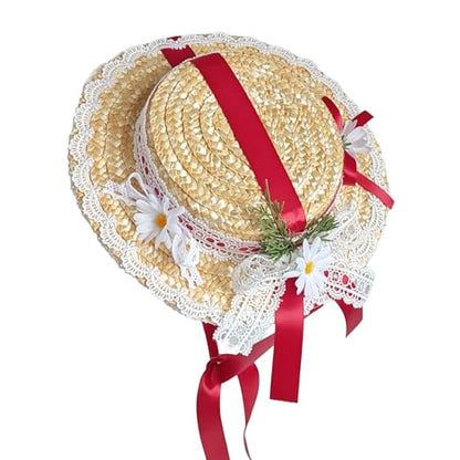 Victorian Tea Party Sun Hat, Wide Brim Straw Flat Cap - color: Red
