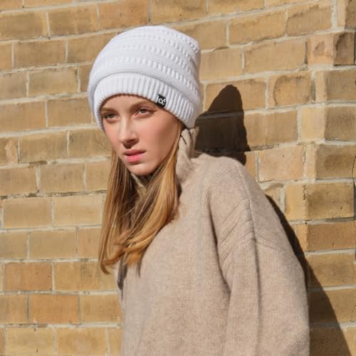 C.C Beanie Oversized Hat with Fuzzy Lining – Thick Knit Thermal Beanie for Cold Weather, Soft Warm Fleece Lined Cap - color: White