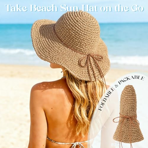 Beach Sun Straw Hats for Women Floppy Wide Brim UV Packable Summer - color: Khaki