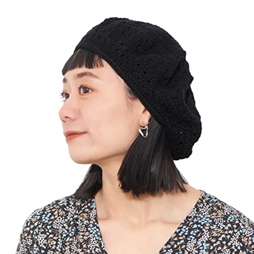 CHARM Womens Mens French Beret Hat - Hand Knit 100% Cotton Crochet Caps Girl Scouts-Bohemian Style Summer Beanie - color: Black