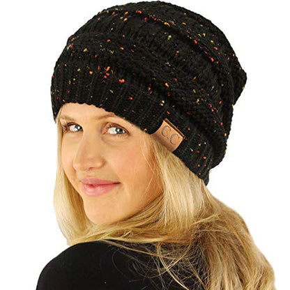 CC Classic Winter Fall Trendy Chunky Stretchy Cable Knit Beanie Hat - color: Confetti Black