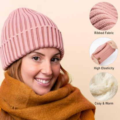HONGTEYA 3 Pack Winter Beanie for Men Women, Thicken Thermal Plush Lined Beanie Fashion Warm Knit Hat for Cold Weather - color: Gray+white+pink