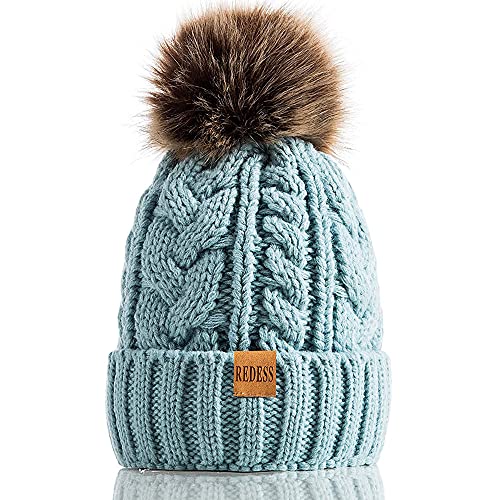 REDESS Women Winter Pompom Beanie Hat with Warm Fleece Lined Thick Slouchy Snow Knit Hat Skull Ski Cap - color: Blue