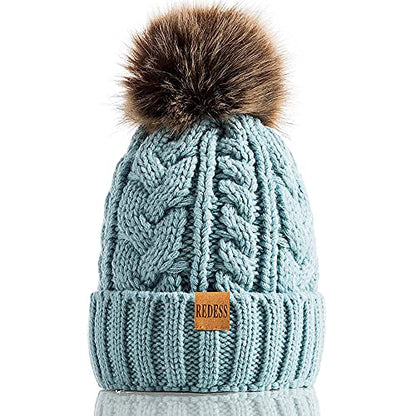 REDESS Women Winter Pompom Beanie Hat with Warm Fleece Lined Thick Slouchy Snow Knit Hat Skull Ski Cap - color: Blue