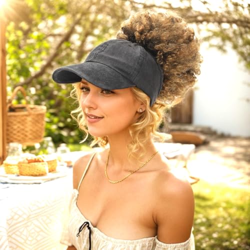2 Pack Backless Cap for Women Natural Curly Hair Hat Baseball Cap Afro Puff Ponytail Hat - color: Black＆gr