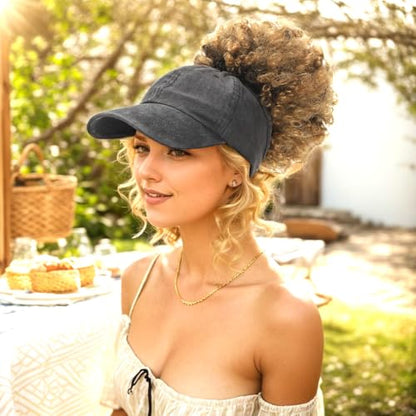 2 Pack Backless Cap for Women Natural Curly Hair Hat Baseball Cap Afro Puff Ponytail Hat - color: Black＆gr