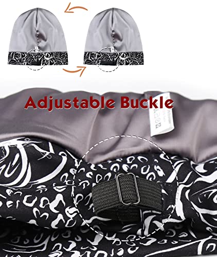 Adjustable Satin Lined Sleep Cap for Dreadlocks Curly Hair Large Head-Stay On Overnight - color: Black Off-white
