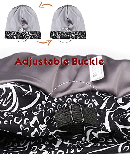Adjustable Satin Lined Sleep Cap for Dreadlocks Curly Hair Large Head-Stay On Overnight - color: Black Off-white