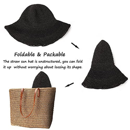 Womens Sun Hats Wide Brim Summer Beach Hat for Women Foldable Travel Straw Hat UPF50+ - color: A-black