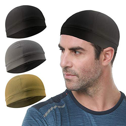 3 Pack Cooling Skull Cap Helmet Liner Sweat Wicking Breathable Hat for Men - color: Black,grey,sandy