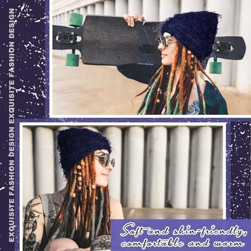 Chuarry Distressed Knitted Beanie Fuzzy Winter Hat - color: Navy