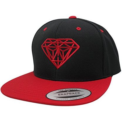 Diamond Embroidered Flat Bill Snapback Cap - color: Black Red With Red Thread