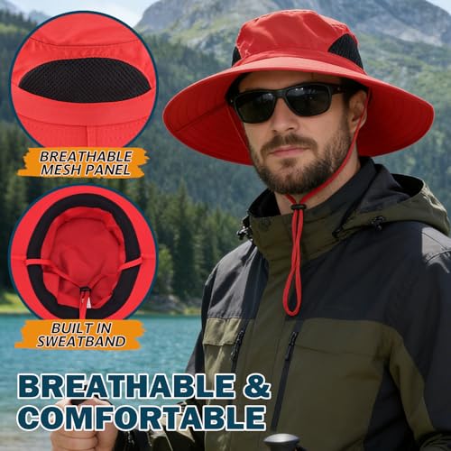 Wide Brim Sun Bucket Hat, Waterproof Boonie Hat for Men & Women - color: 01 Red