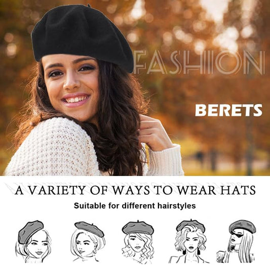 Women Wool Beret Hat, Classic French Artist Hat, Winter Warm Hat for Ladies - color: Black