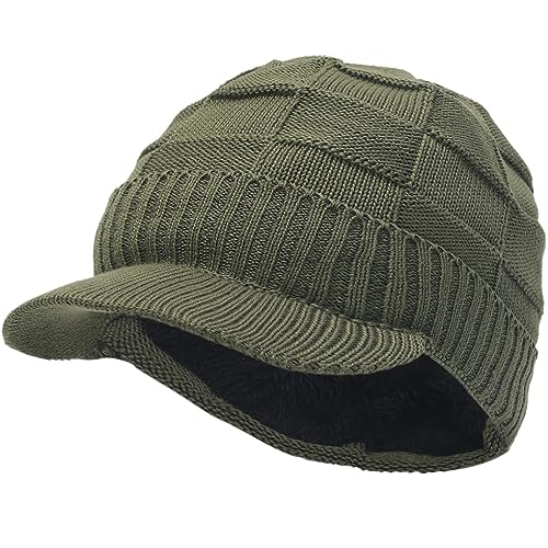 Ruphedy Mens Beanie with Brim Winter Hat Knitted Thick Fleece Visor Beanie - color: B322-green