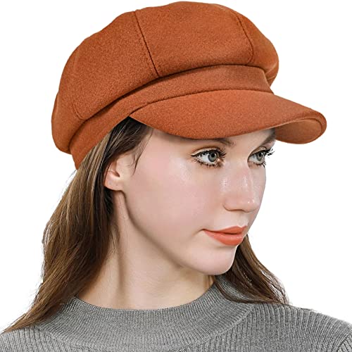 Women’s Newsboy Cap Wool Blend Retro Solid Color Girls Fashion Gatsby Cabbie Visor Beret Hat - color: Caramel
