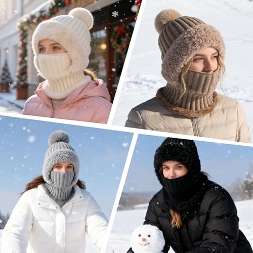 3 in 1 Beanie Hat for Women, Knitted Balaclava Hats,with Scarf and Mask,Face Mask Neck Scarf Set - color: Gray