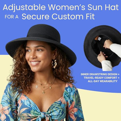 Funky Junque Wide Brim Panama Sun Hat, Womens Packable Straw - color: Ribbon Bow Trim - Black