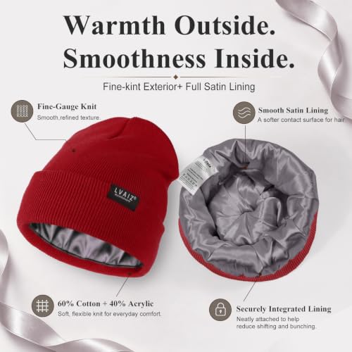 Satin Lined Winter Beanie Hats for Women Men Cotton Knitted Cuffed Knit Hat - color: Wine Red