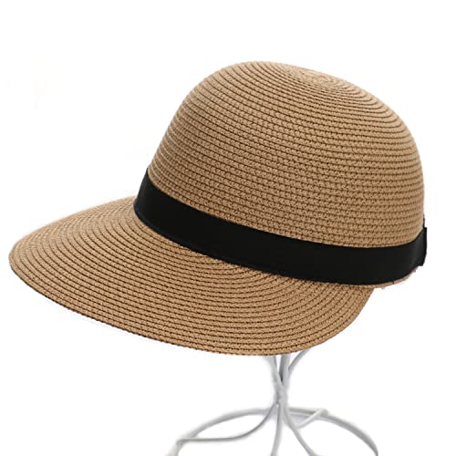 Summer Visor Hats for Women Foldable Floppy Solid Color Straw Sun Hat Travel Beach Baseball Cap - color: Khaki