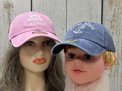 Embroidered Captain & First Mate Baseball Caps Set for Men Women - color: Captain (Pink) - Toddler First Mate (Navy)