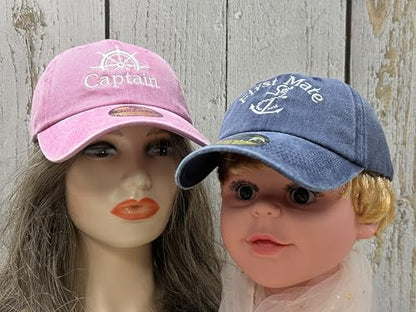 Embroidered Captain & First Mate Baseball Caps Set for Men Women - color: Captain (Pink) - Toddler First Mate (Navy)