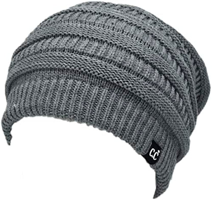 C.C Beanie Oversized Hat with Fuzzy Lining – Thick Knit Thermal Beanie for Cold Weather, Soft Warm Fleece Lined Cap - color: Light Melange Grey