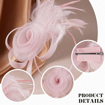 Zinniday Victorian Feather Fascinators Hats - 2025 Derby Attire Headwear with Hairpin,1920s Tea Party Hat for Woman - color: Pink