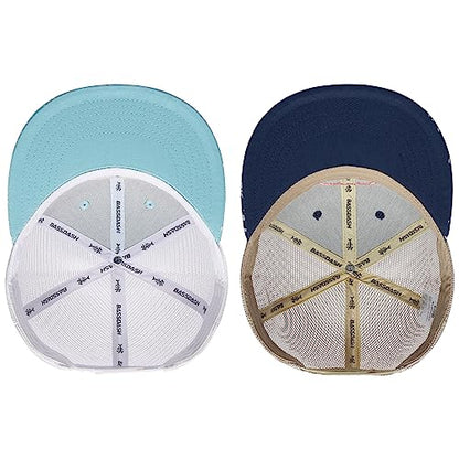 BASSDASH 2 Pack Flat Brim Trucker Cap Adjustable Snapback Hat Mesh Back for Men Women Fishing Hunting - color: Pack of 2,turquoise & Navy Blue