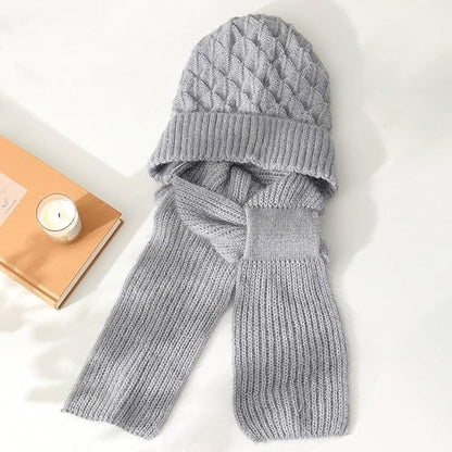 Women Winter Warm Elastic Soft Ear Protection Knitted Scarf Hat Fleece Lined Beanie Hat - color: Grey