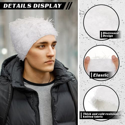Chuarry Distressed Knitted Beanie Fuzzy Winter Hat - color: Assorted White