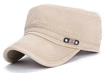 QZUnique Adjustable Flat Top Cap Solid Brim Army Cadet Style Military Hat - color: A- Beige
