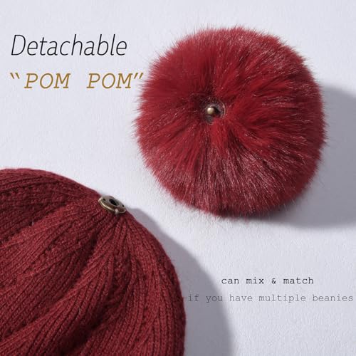 Knit Hat Scarf Set with Detachable Pom Pom, Wool Blend Winter Beanie & Long Scarf, Cold Weather Accessories for Women - color: Red