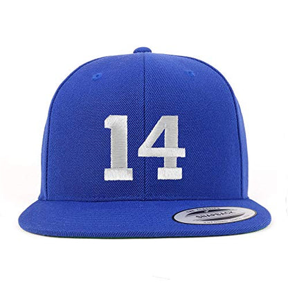 Trendy Apparel Shop Number 14 White Thread Embroidered Flat Bill Snapback Baseball Cap - color: Royal