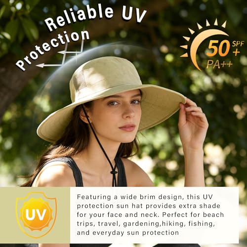 Tirrinia Sun Hats for Women, Wide Brim Hat with Ponytail Hole - color: Tan-22.44‘’head