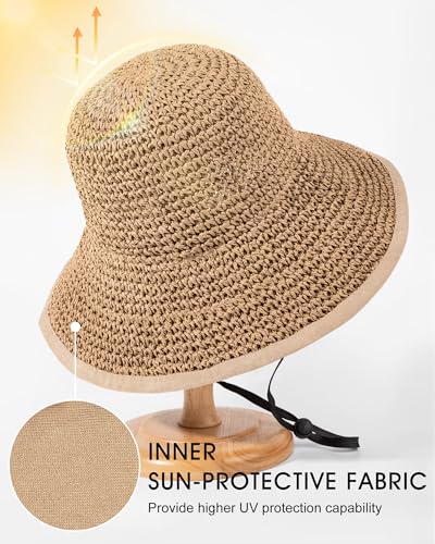 Sun Hats for Women, Summer Beach Straw Wide Brim Bucket Hat - color: Khaki, size: Large