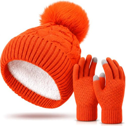 Womens Winter Fleece Lined Knitted Beanie Hat Glove Set, Warm Pom Pom Beanie Knit Cap Touchscreen Gloves for Women - color: Orange