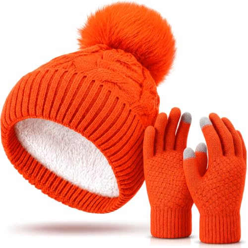 Womens Winter Fleece Lined Knitted Beanie Hat Glove Set, Warm Pom Pom Beanie Knit Cap Touchscreen Gloves for Women - color: Orange