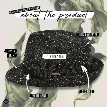 Funky Junque Short Brim Fedora Packable Sun Hat for Women - color: Sequin - Black