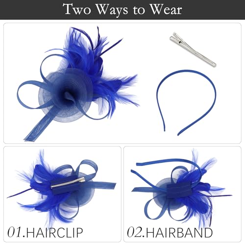 AMCAMI Fascinators Hats with Feather for Women 2026 Derby Hats Small Tea Party Hat with Headband - color: Blue