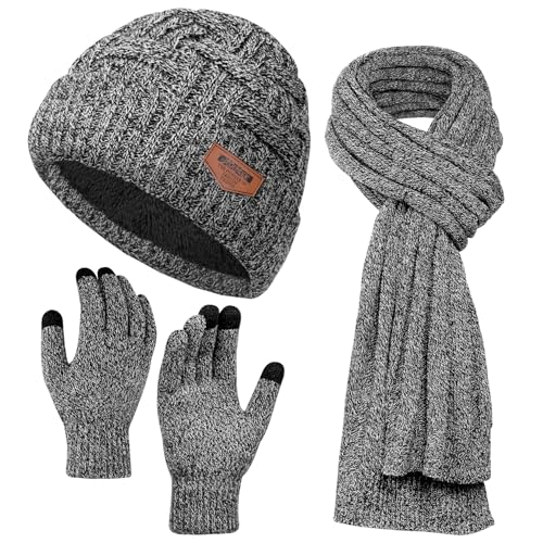 Winter Scarf for Men, 3 PCS Fleece Beanie Hat and Gloves Set - color: Blended Light Grey Set