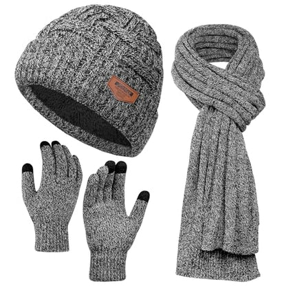 Winter Scarf for Men, 3 PCS Fleece Beanie Hat and Gloves Set - color: Blended Light Grey Set