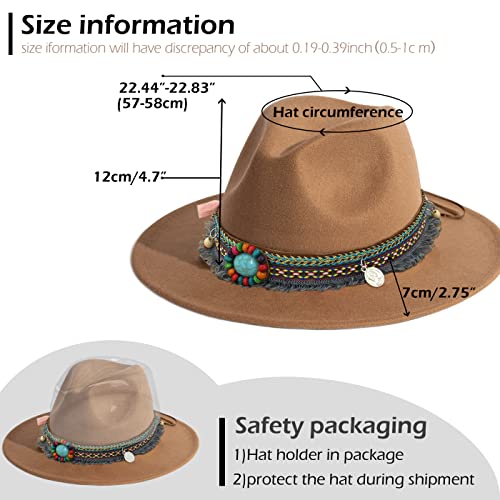 Women's Felt Fedora Hat Wide Brim Panama Hats with Tassel - color: Z Belt Khaki