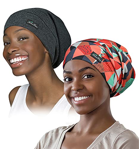 Adjustable Satin Lined Sleep Cap for Dreadlocks Curly Hair Large Head-Stay On Overnight - color: Red&dark Heather Grey