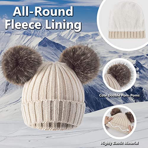 3 Pcs Women Winter Knit Beanie Hat Scarf Touchscreen Gloves Set Warm Soft Thick Fleece Lined Skull Cap with Double Pom Pom - color: Beige