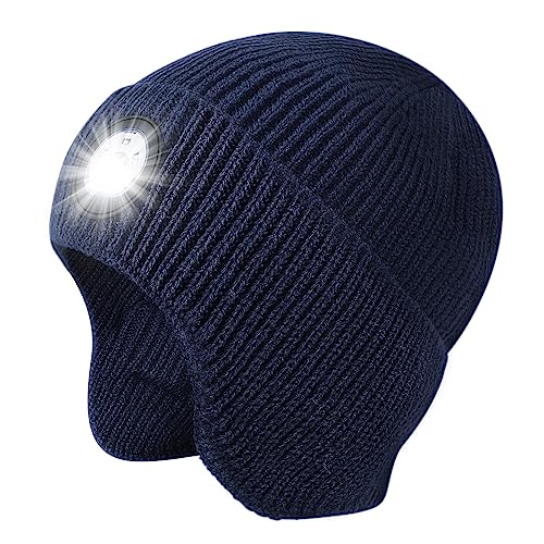 LED Beanie Hat with Light, USB Rechargeable LED Headlamp Hat, Unisex Winter Hat Warm Knitted Earflap Beanie with Night Flashlight (Blue) - color: Blue Adult