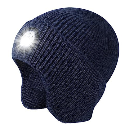 LED Beanie Hat with Light, USB Rechargeable LED Headlamp Hat, Unisex Winter Hat Warm Knitted Earflap Beanie with Night Flashlight (Blue) - color: Blue Adult