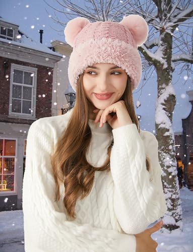 FEOYA Womens Knit Winter Beanie Hat with Faux Fur Pompom Fuzzy Cute Knit Fleece Lined Skull Cap - color: Pink
