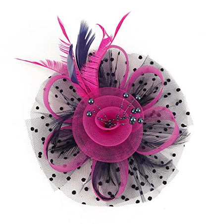Kentucky Derby Fascinators for Women High Tea Party Hat Wedding Cocktail Flower Headware with Mesh and Feathers - color: Rose&navy